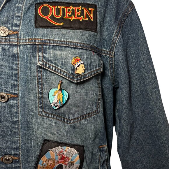 Denim Trucker jacket customized with Queen Freddy Mercury band patches Unisex - Picture 7 of 14